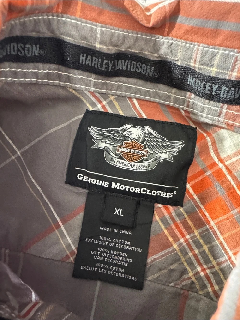 Harley Davidson men XL orange gray plaid pearl snap short sleeve button up shirt
